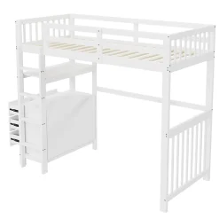 Okwish Lit Mezzanine 90x200 cm - Lit Simple avec Bureau et 6 Tiroirs, Étagères de Rangement, Bois de Pin et MDF, Blanc - Sans Matelas* Lit Mezzanine