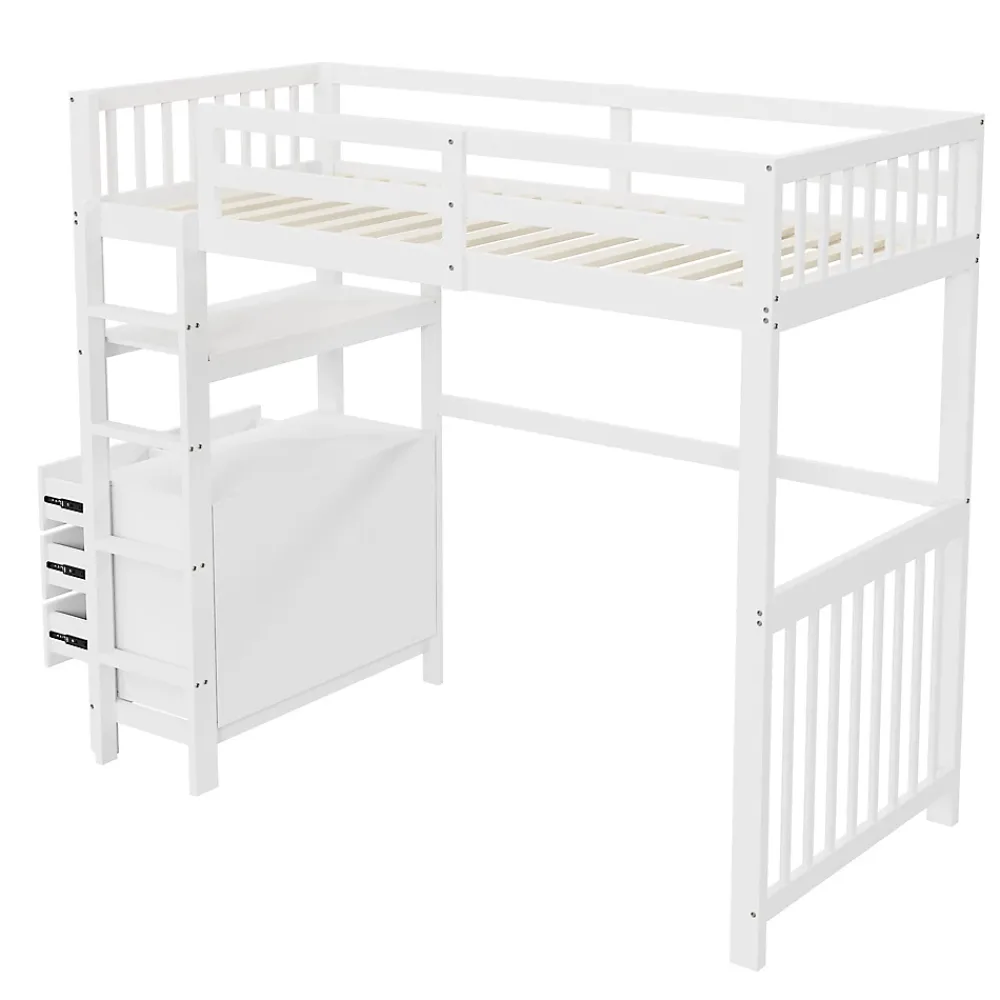 Okwish Lit Mezzanine 90x200 cm - Lit Simple avec Bureau et 6 Tiroirs, Étagères de Rangement, Bois de Pin et MDF, Blanc - Sans Matelas* Lit Mezzanine