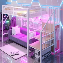 Okwish Lit mezzanine 90x200 cm - Lit simple déco avec éclairage LED et rangement sous lit - Armoire ouverte en MDF et métal - Blanc* Lit Mezzanine