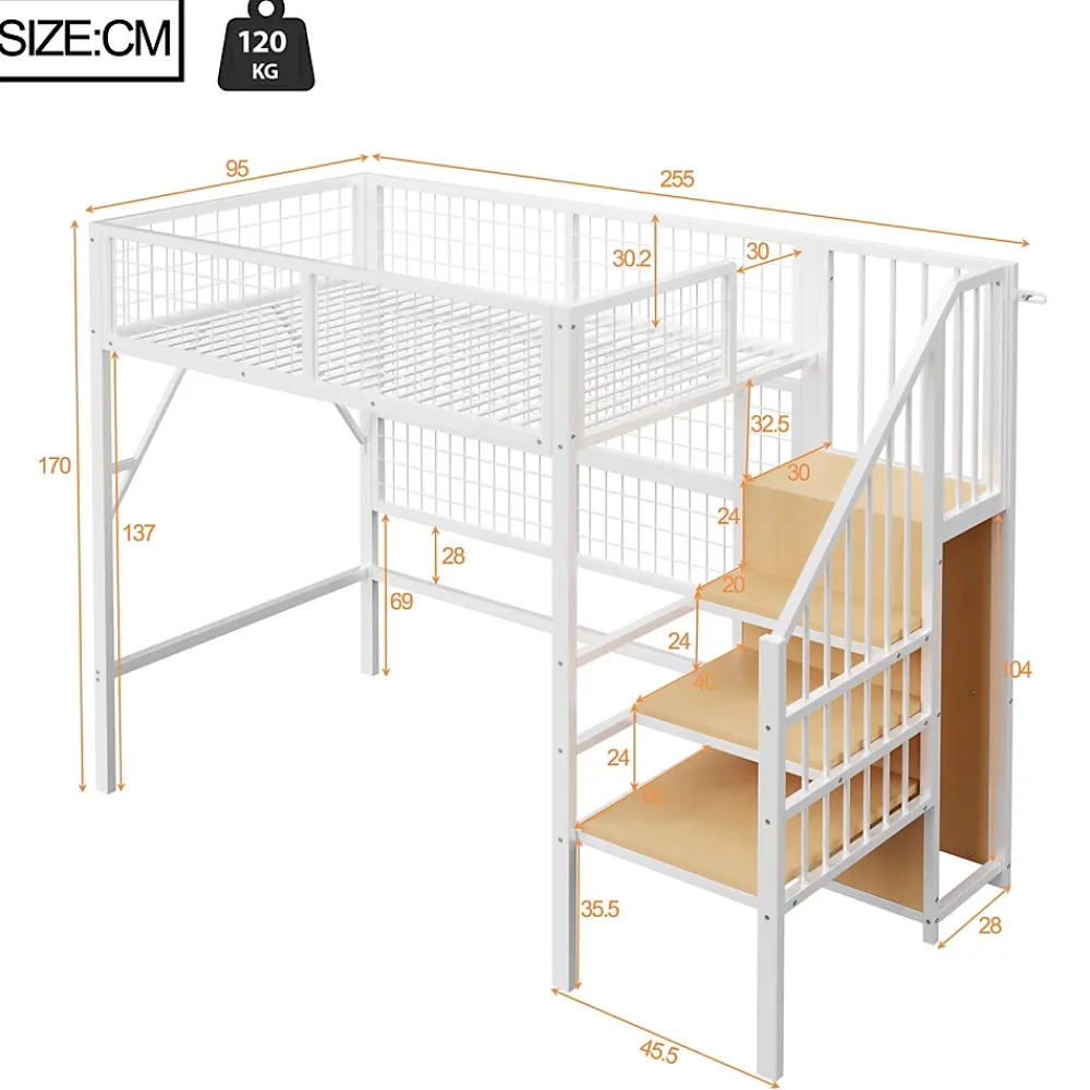 Okwish Lit mezzanine 90x200 cm - Lit simple déco avec éclairage LED et rangement sous lit - Armoire ouverte en MDF et métal - Blanc* Lit Mezzanine