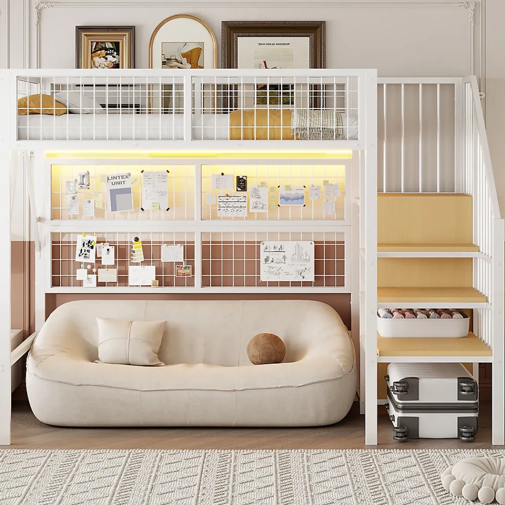 Okwish Lit mezzanine 90x200 cm - Lit simple déco avec éclairage LED et rangement sous lit - Armoire ouverte en MDF et métal - Blanc* Lit Mezzanine
