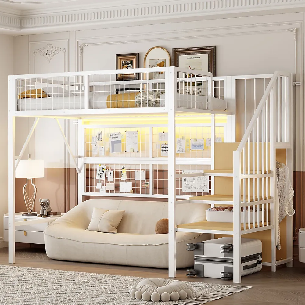 Okwish Lit mezzanine 90x200 cm - Lit simple déco avec éclairage LED et rangement sous lit - Armoire ouverte en MDF et métal - Blanc* Lit Mezzanine