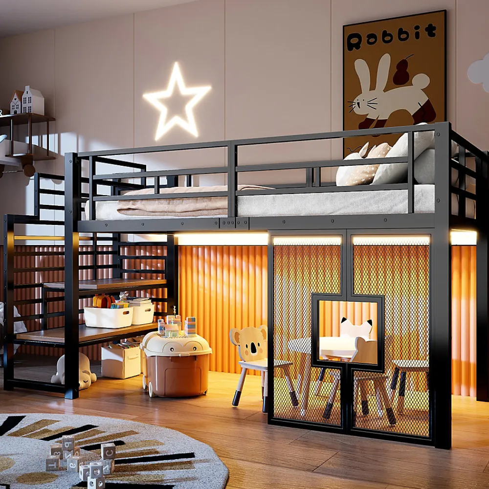Lit Mezzanine 90x200 cm - Lit Simple avec Escalier de Rangement et LED Intégrée, sans Matelas - Métal Noir>Okwish Outlet