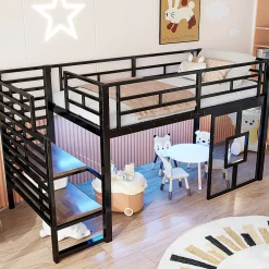 Lit Mezzanine 90x200 cm - Lit Simple avec Escalier de Rangement et LED Intégrée, sans Matelas - Métal Noir>Okwish Outlet