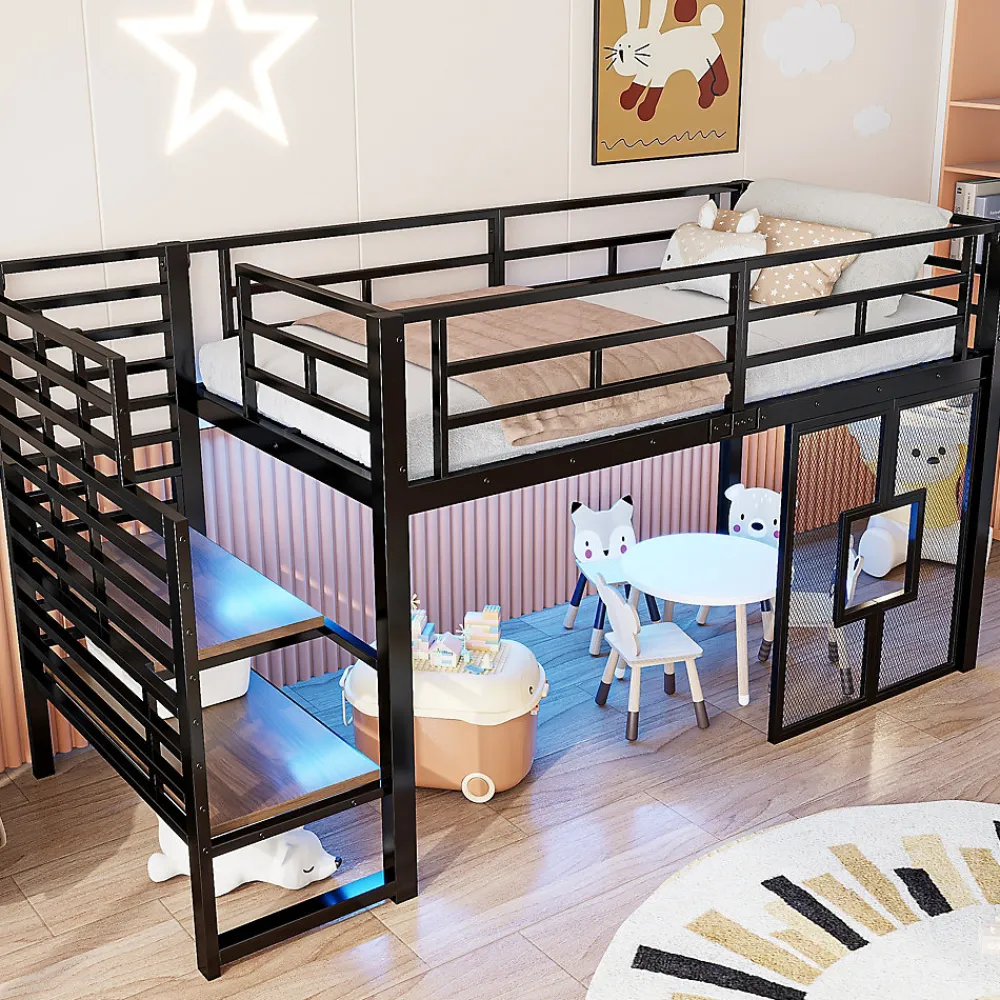 Lit Mezzanine 90x200 cm - Lit Simple avec Escalier de Rangement et LED Intégrée, sans Matelas - Métal Noir>Okwish Outlet