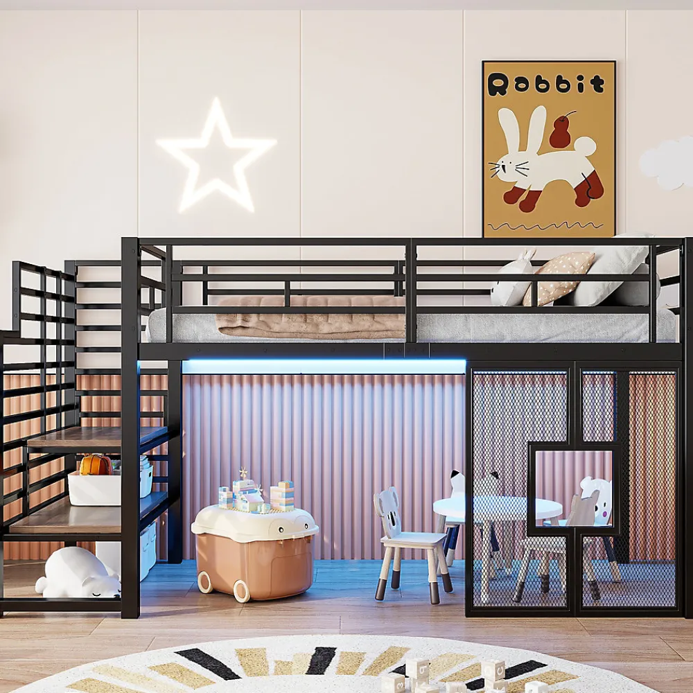 Lit Mezzanine 90x200 cm - Lit Simple avec Escalier de Rangement et LED Intégrée, sans Matelas - Métal Noir>Okwish Outlet