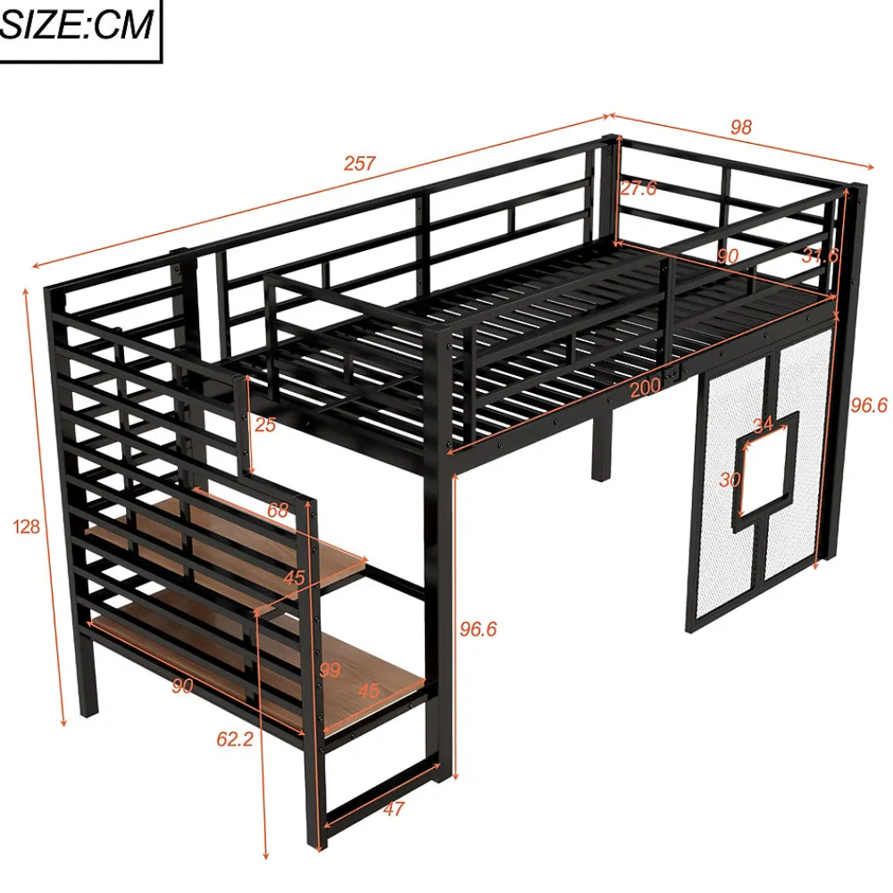 Lit Mezzanine 90x200 cm - Lit Simple avec Escalier de Rangement et LED Intégrée, sans Matelas - Métal Noir>Okwish Outlet