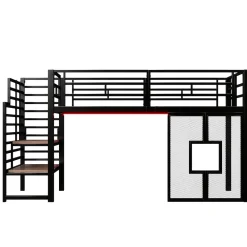 Lit Mezzanine 90x200 cm - Lit Simple avec Escalier de Rangement et LED Intégrée, sans Matelas - Métal Noir><noscript><img width=