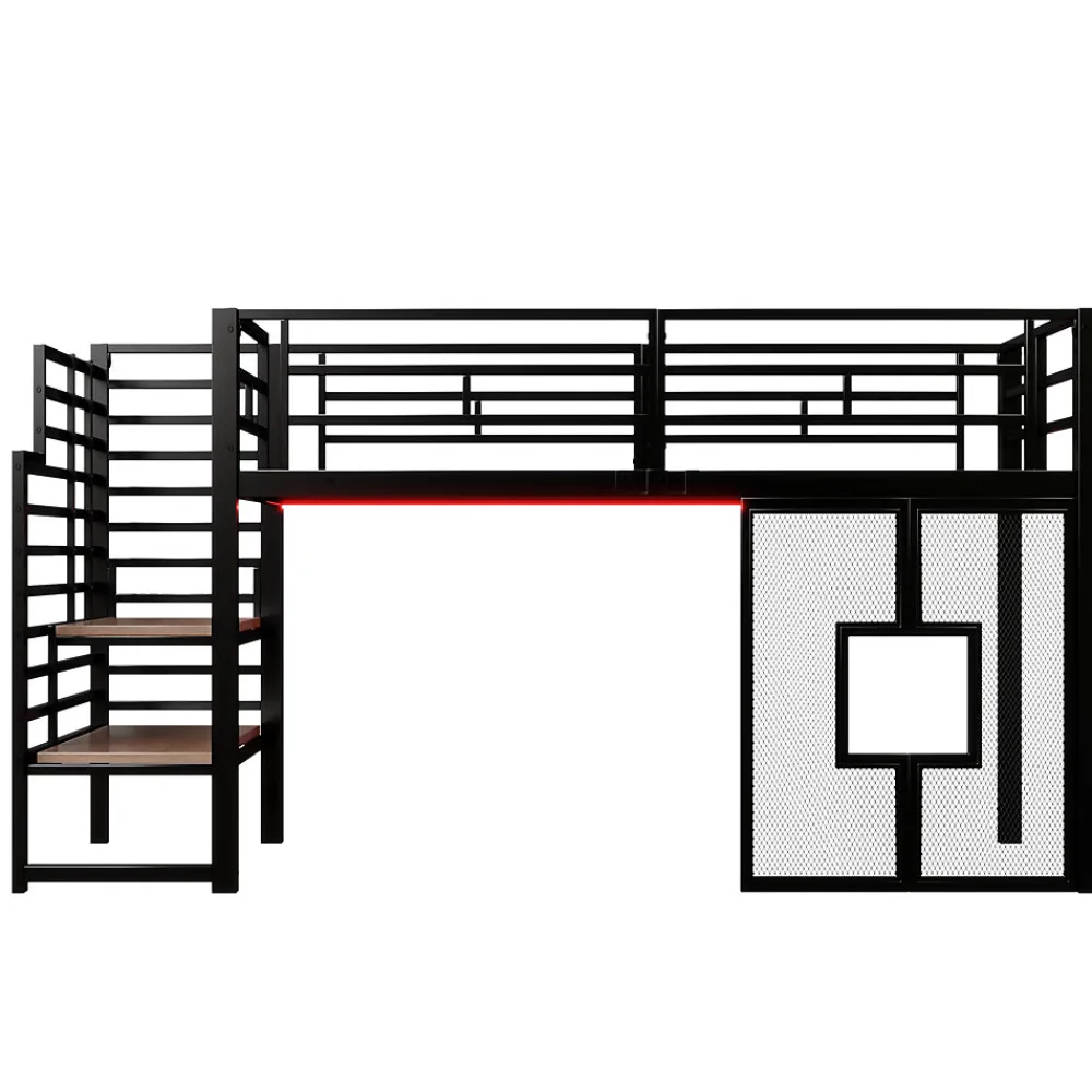 Lit Mezzanine 90x200 cm - Lit Simple avec Escalier de Rangement et LED Intégrée, sans Matelas - Métal Noir>Okwish Outlet