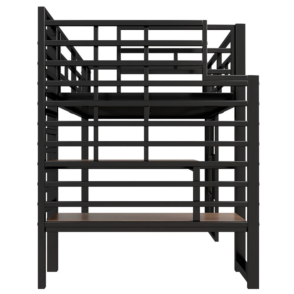 Lit Mezzanine 90x200 cm - Lit Simple avec Escalier de Rangement et LED Intégrée, sans Matelas - Métal Noir>Okwish Outlet