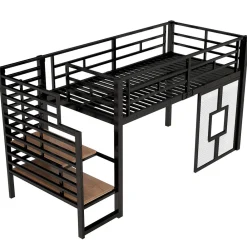 Lit Mezzanine 90x200 cm - Lit Simple avec Escalier de Rangement et LED Intégrée, sans Matelas - Métal Noir><noscript><img width=