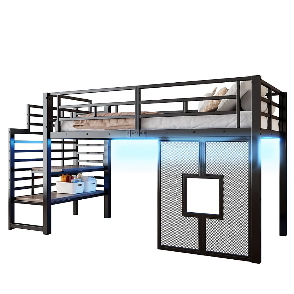 Lit Mezzanine 90x200 cm - Lit Simple avec Escalier de Rangement et LED Intégrée, sans Matelas - Métal Noir>Okwish Outlet