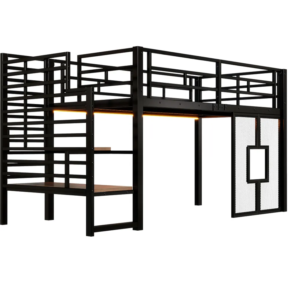 Lit Mezzanine 90x200 cm - Lit Simple avec Escalier de Rangement et LED Intégrée, sans Matelas - Métal Noir>Okwish Outlet