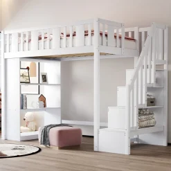 Lit mezzanine 90x200 cm - Lit simple avec rangements intégrés, échelle pratique et tiroirs fonctionnels - Pin et MDF - Blanc>Okwish Outlet