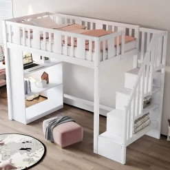 Lit mezzanine 90x200 cm - Lit simple avec rangements intégrés, échelle pratique et tiroirs fonctionnels - Pin et MDF - Blanc>Okwish Outlet
