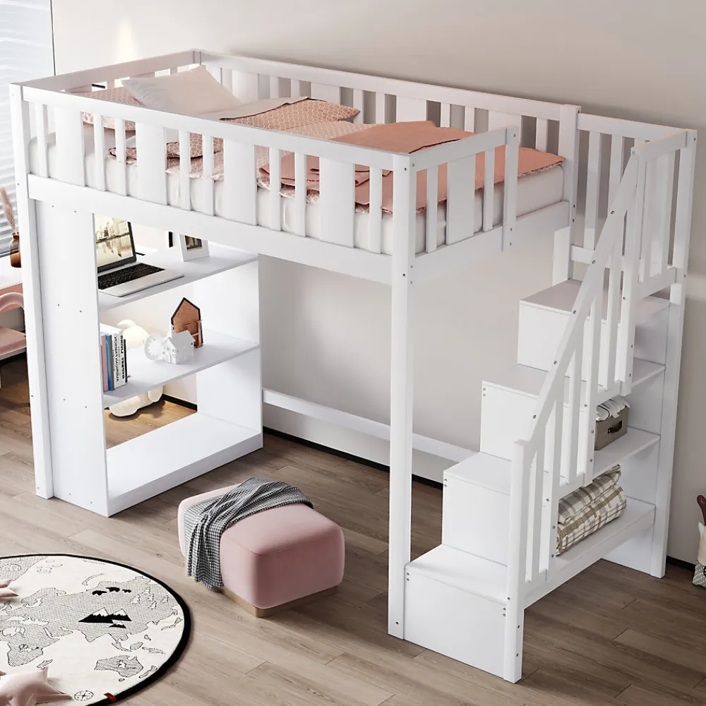 Lit mezzanine 90x200 cm - Lit simple avec rangements intégrés, échelle pratique et tiroirs fonctionnels - Pin et MDF - Blanc>Okwish Outlet