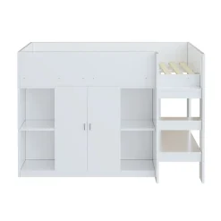 Okwish Lit mezzanine 90x200 cm - Lit simple avec échelle sécurisée, placard intégré et rangement pratique - Pin et MDF - Blanc* Lit Mezzanine