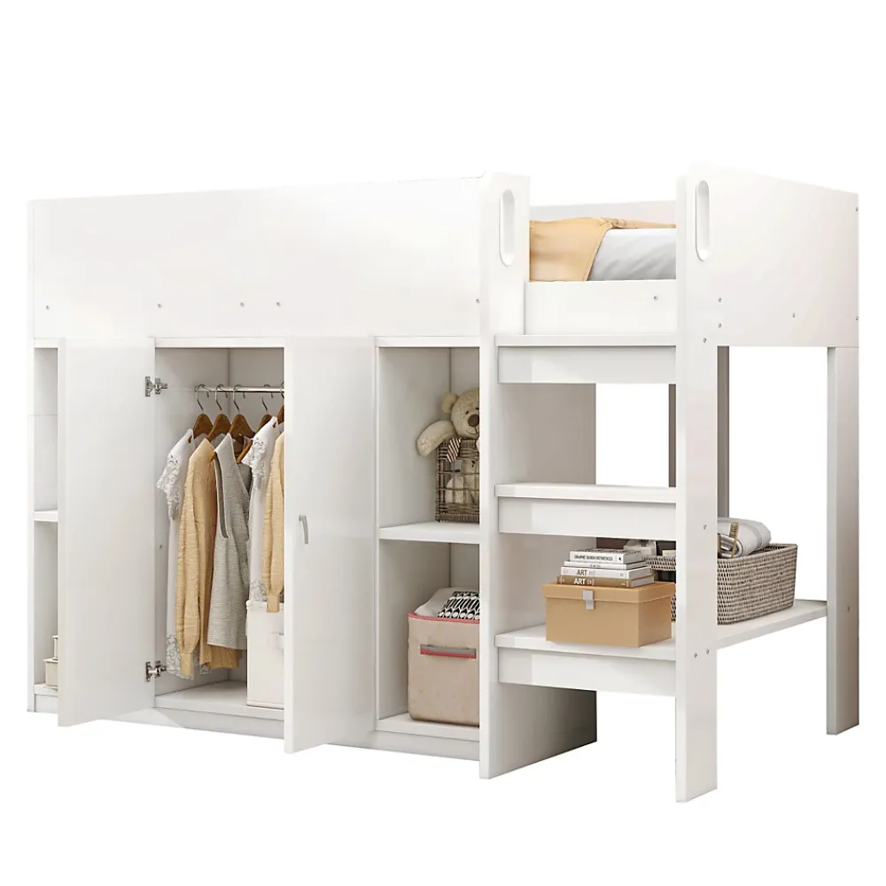 Okwish Lit mezzanine 90x200 cm - Lit simple avec échelle sécurisée, placard intégré et rangement pratique - Pin et MDF - Blanc* Lit Mezzanine