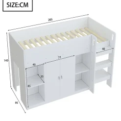 Okwish Lit mezzanine 90x200 cm - Lit simple avec échelle sécurisée, placard intégré et rangement pratique - Pin et MDF - Blanc* Lit Mezzanine