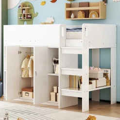 Okwish Lit mezzanine 90x200 cm - Lit simple avec échelle sécurisée, placard intégré et rangement pratique - Pin et MDF - Blanc* Lit Mezzanine