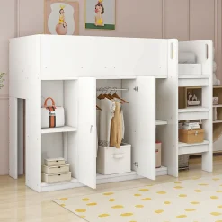 Okwish Lit mezzanine 90x200 cm - Lit simple avec échelle sécurisée, placard intégré et rangement pratique - Pin et MDF - Blanc* Lit Mezzanine