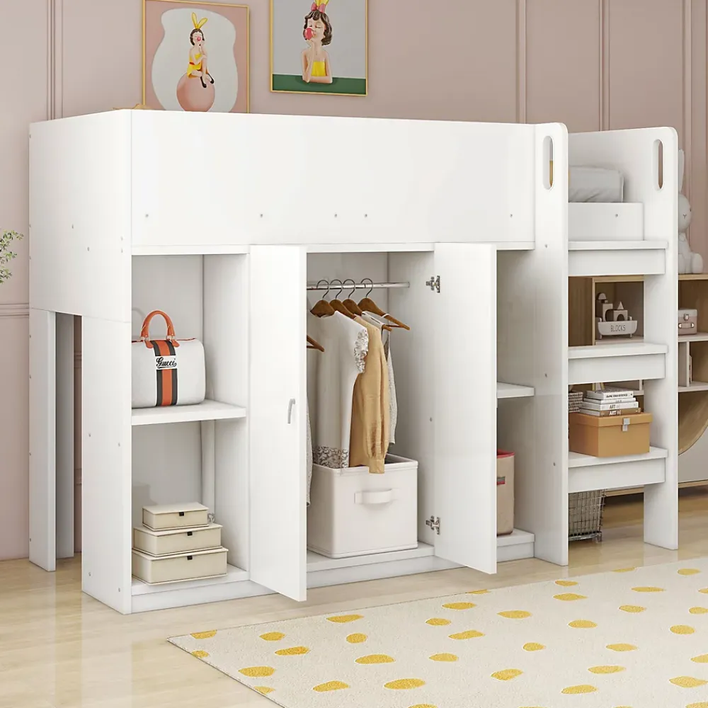Okwish Lit mezzanine 90x200 cm - Lit simple avec échelle sécurisée, placard intégré et rangement pratique - Pin et MDF - Blanc* Lit Mezzanine