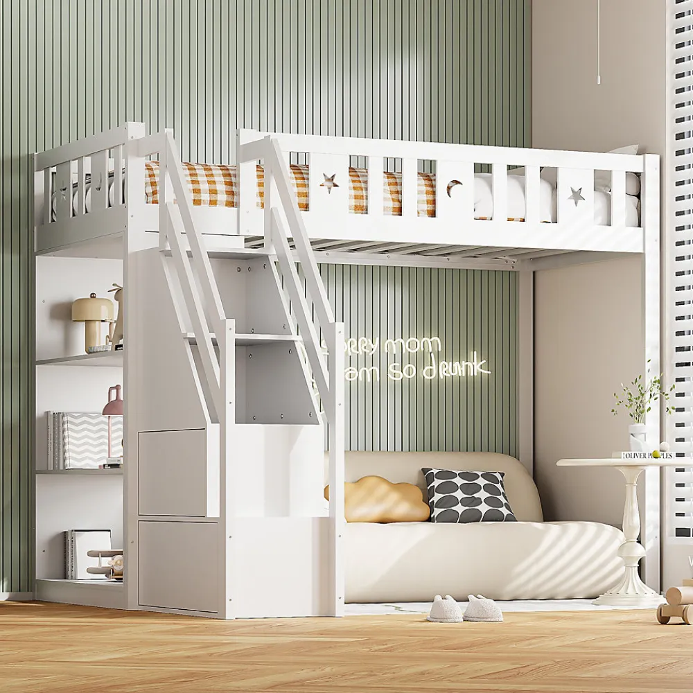 Lit Mezzanine 90x200 cm - Lit Simple avec Échelle de Rangement et Étagères - Cadre en Bois et Métal - Sans Matelas - Blanc>Okwish Discount