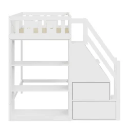 Lit Mezzanine 90x200 cm - Lit Simple avec Échelle de Rangement et Étagères - Cadre en Bois et Métal - Sans Matelas - Blanc><noscript><img width=