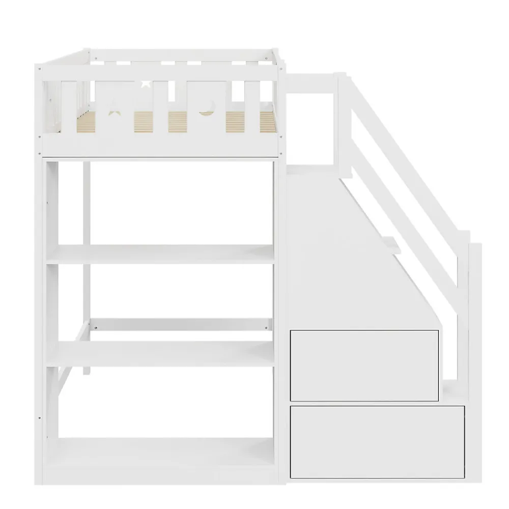 Lit Mezzanine 90x200 cm - Lit Simple avec Échelle de Rangement et Étagères - Cadre en Bois et Métal - Sans Matelas - Blanc>Okwish Discount