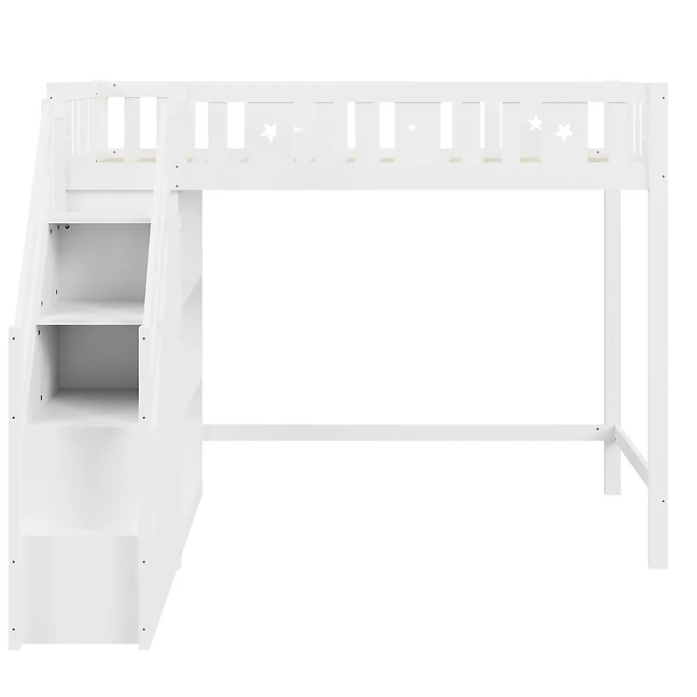 Lit Mezzanine 90x200 cm - Lit Simple avec Échelle de Rangement et Étagères - Cadre en Bois et Métal - Sans Matelas - Blanc>Okwish Discount