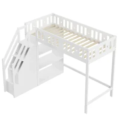 Lit Mezzanine 90x200 cm - Lit Simple avec Échelle de Rangement et Étagères - Cadre en Bois et Métal - Sans Matelas - Blanc><noscript><img width=