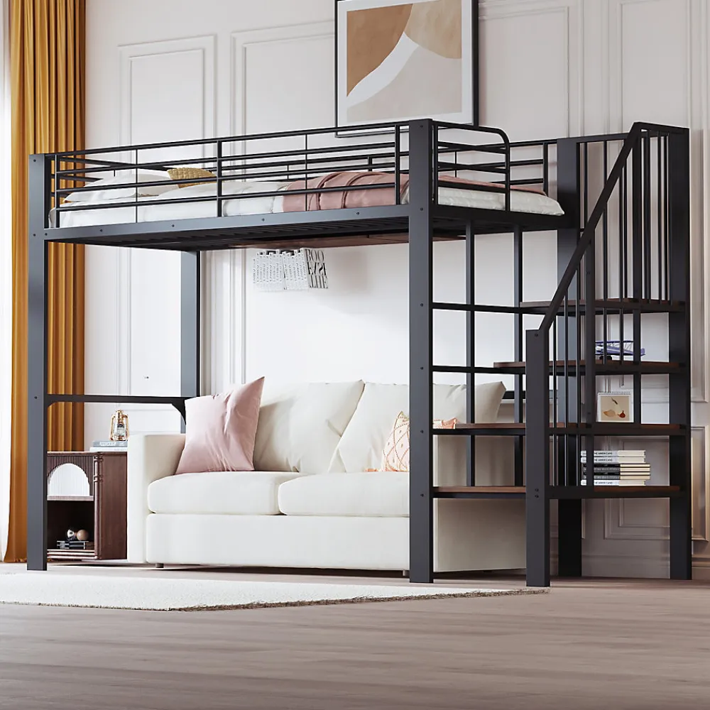 Lit mezzanine 90x200 cm - Lit simple avec rangement et escalier intégré, structure métallique solide - Noir - Sans matelas>Okwish