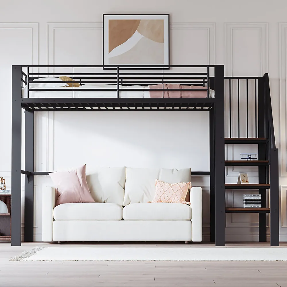 Lit mezzanine 90x200 cm - Lit simple avec rangement et escalier intégré, structure métallique solide - Noir - Sans matelas>Okwish