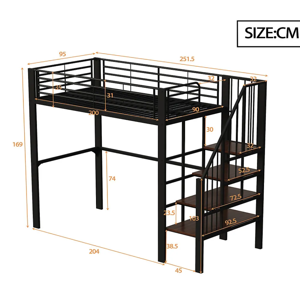 Lit mezzanine 90x200 cm - Lit simple avec rangement et escalier intégré, structure métallique solide - Noir - Sans matelas>Okwish