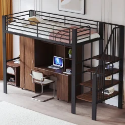 Lit mezzanine 90x200 cm - Lit simple avec rangement et escalier intégré, structure métallique solide - Noir - Sans matelas><noscript><img width=