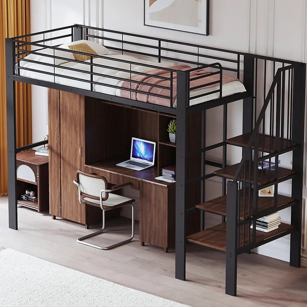 Lit mezzanine 90x200 cm - Lit simple avec rangement et escalier intégré, structure métallique solide - Noir - Sans matelas>Okwish