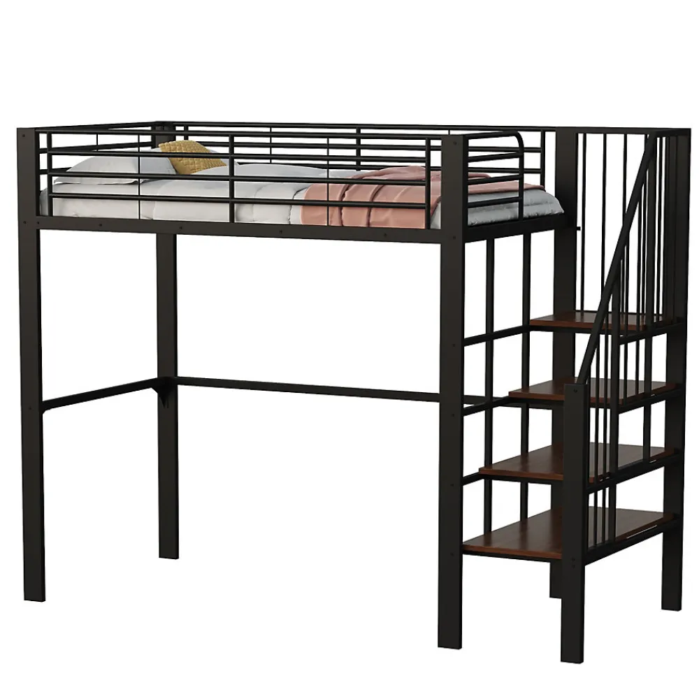 Lit mezzanine 90x200 cm - Lit simple avec rangement et escalier intégré, structure métallique solide - Noir - Sans matelas>Okwish