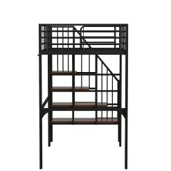 Lit mezzanine 90x200 cm - Lit simple avec rangement et escalier intégré, structure métallique solide - Noir - Sans matelas><noscript><img width=