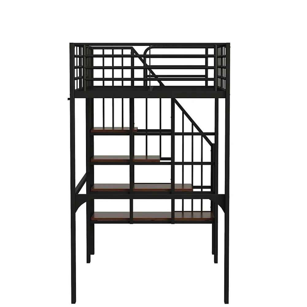 Lit mezzanine 90x200 cm - Lit simple avec rangement et escalier intégré, structure métallique solide - Noir - Sans matelas>Okwish