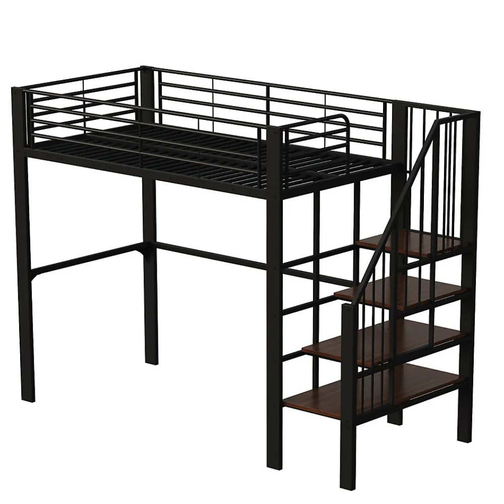 Lit mezzanine 90x200 cm - Lit simple avec rangement et escalier intégré, structure métallique solide - Noir - Sans matelas>Okwish