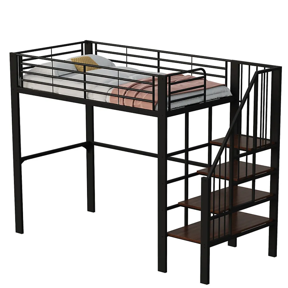 Lit mezzanine 90x200 cm - Lit simple avec rangement et escalier intégré, structure métallique solide - Noir - Sans matelas>Okwish