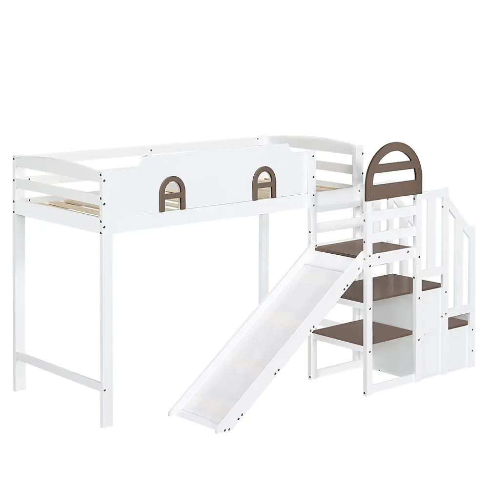 Okwish Lit Mezzanine 90x200 cm - Lit Simple enfant avec Toboggan, Escalier Armoire et Étagère de Rangement - Pin et MDF - Blanc et Marron* Lit Mezzanine