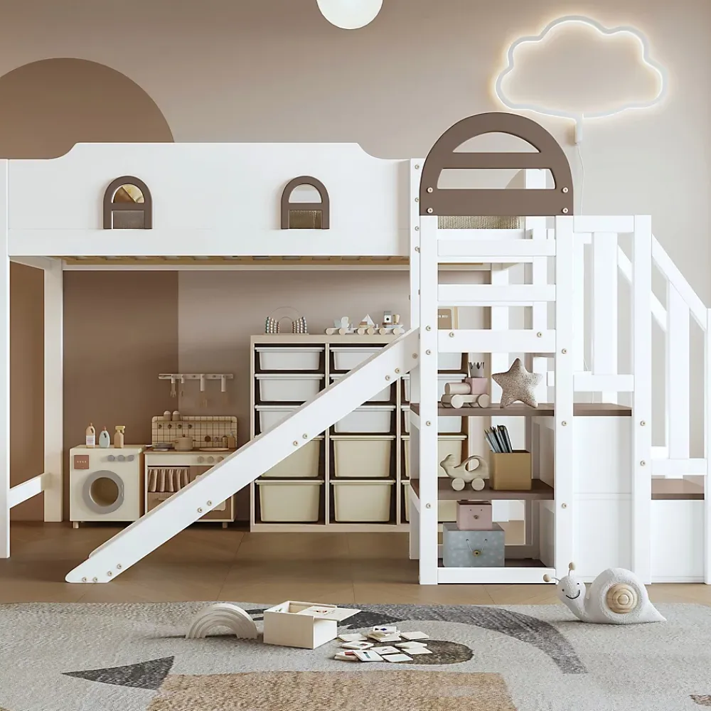 Okwish Lit Mezzanine 90x200 cm - Lit Simple enfant avec Toboggan, Escalier Armoire et Étagère de Rangement - Pin et MDF - Blanc et Marron* Lit Mezzanine