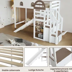 Okwish Lit Mezzanine 90x200 cm - Lit Simple enfant avec Toboggan, Escalier Armoire et Étagère de Rangement - Pin et MDF - Blanc et Marron* Lit Mezzanine