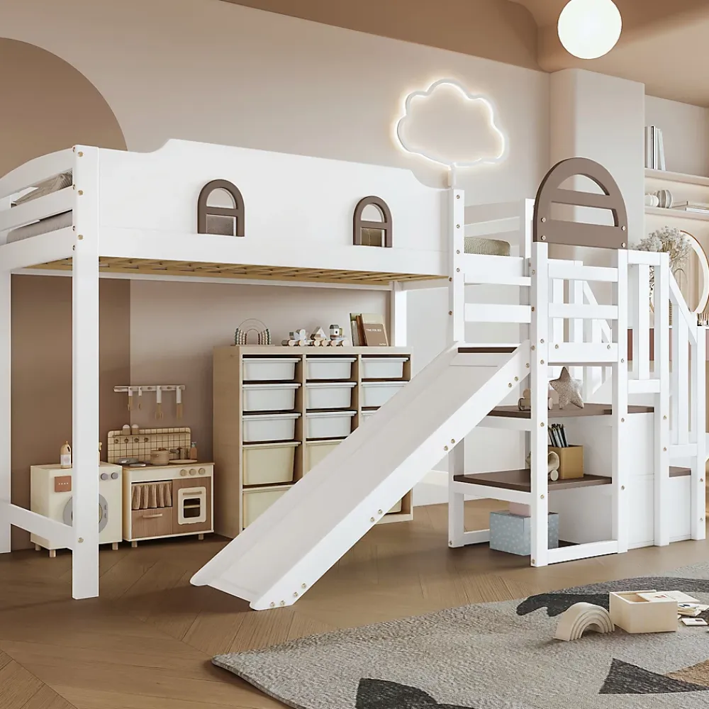 Okwish Lit Mezzanine 90x200 cm - Lit Simple enfant avec Toboggan, Escalier Armoire et Étagère de Rangement - Pin et MDF - Blanc et Marron* Lit Mezzanine