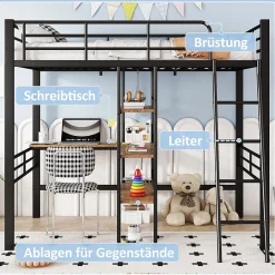 Okwish Lit Mezzanine 90x200 cm - Lit Simple avec Bureau en L, Garde-Corps et Échelle, Sans Matelas - Métal Noir* Lit Mezzanine