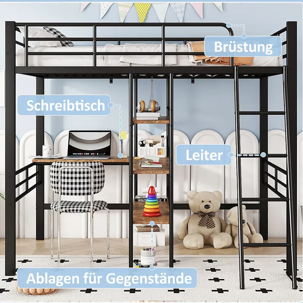 Okwish Lit Mezzanine 90x200 cm - Lit Simple avec Bureau en L, Garde-Corps et Échelle, Sans Matelas - Métal Noir* Lit Mezzanine