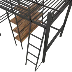 Okwish Lit Mezzanine 90x200 cm - Lit Simple avec Bureau en L, Garde-Corps et Échelle, Sans Matelas - Métal Noir* Lit Mezzanine