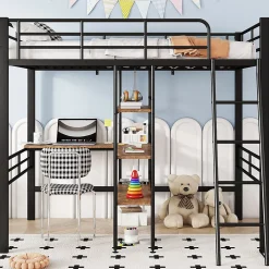 Okwish Lit Mezzanine 90x200 cm - Lit Simple avec Bureau en L, Garde-Corps et Échelle, Sans Matelas - Métal Noir* Lit Mezzanine