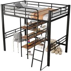 Okwish Lit Mezzanine 90x200 cm - Lit Simple avec Bureau en L, Garde-Corps et Échelle, Sans Matelas - Métal Noir* Lit Mezzanine